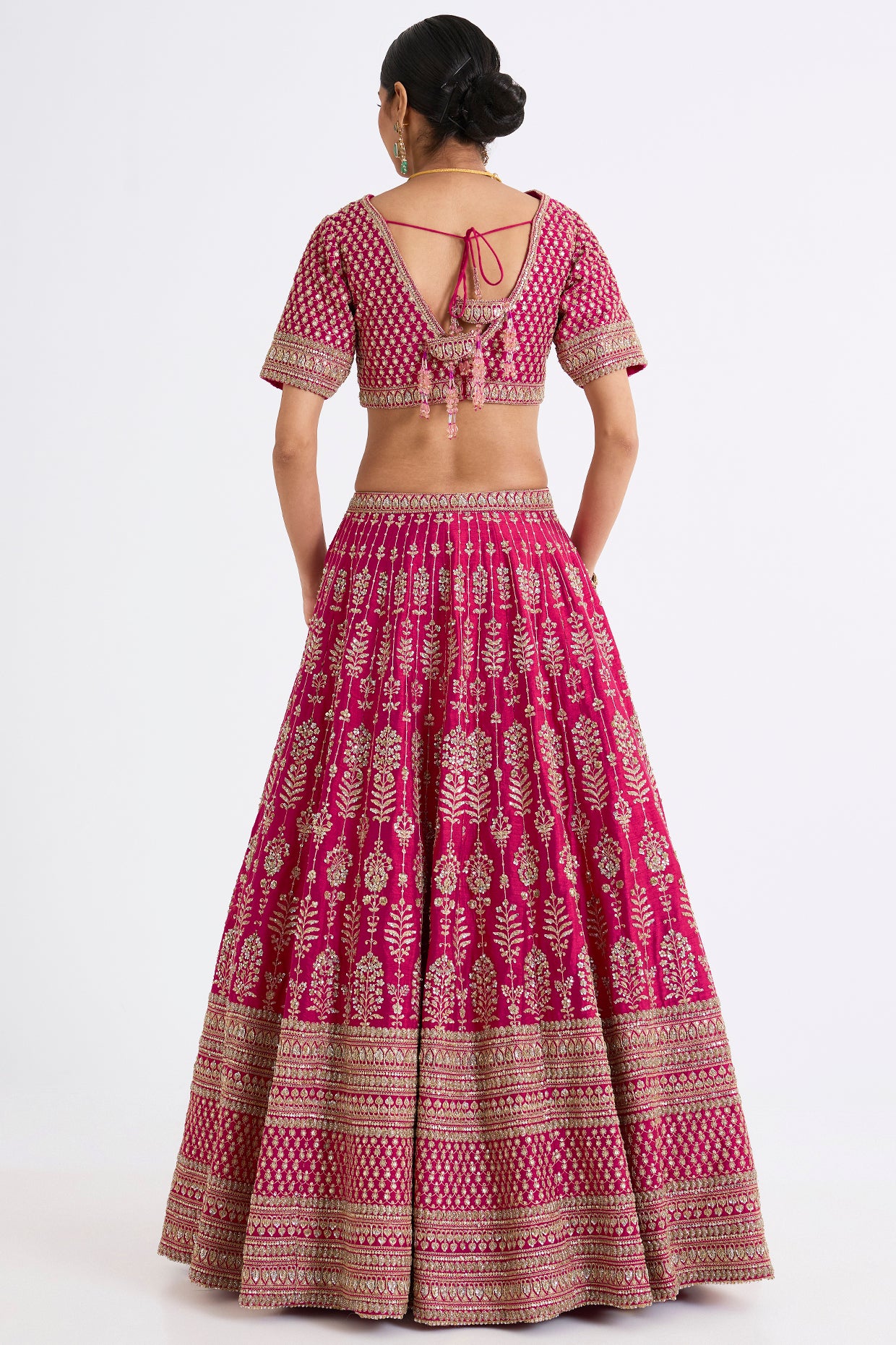 rani pink raw silk zari hand & machine embroidered lehenga set