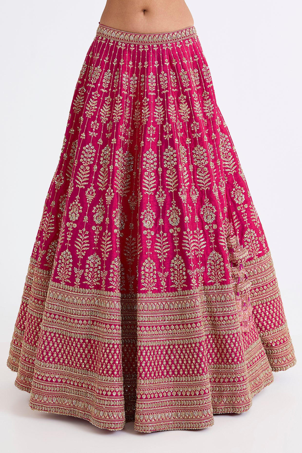 rani pink raw silk zari hand & machine embroidered lehenga set