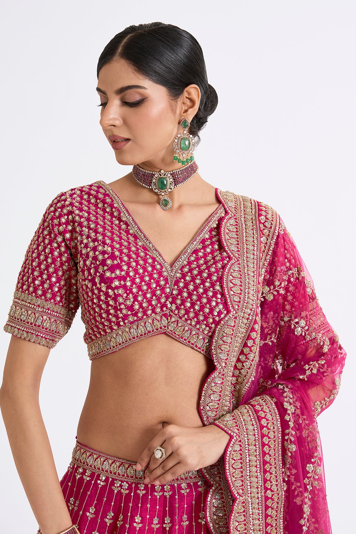 rani pink raw silk zari hand & machine embroidered lehenga set