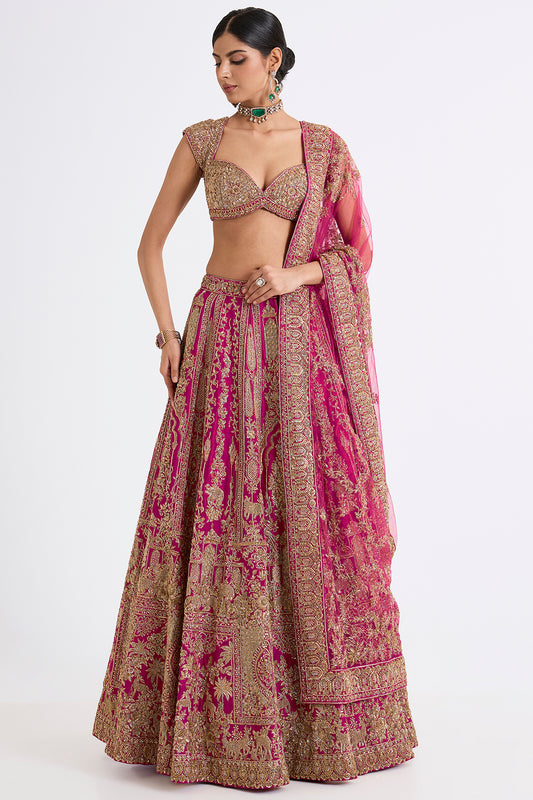 rani pink raw silk zari hand & machine embroidered lehenga set