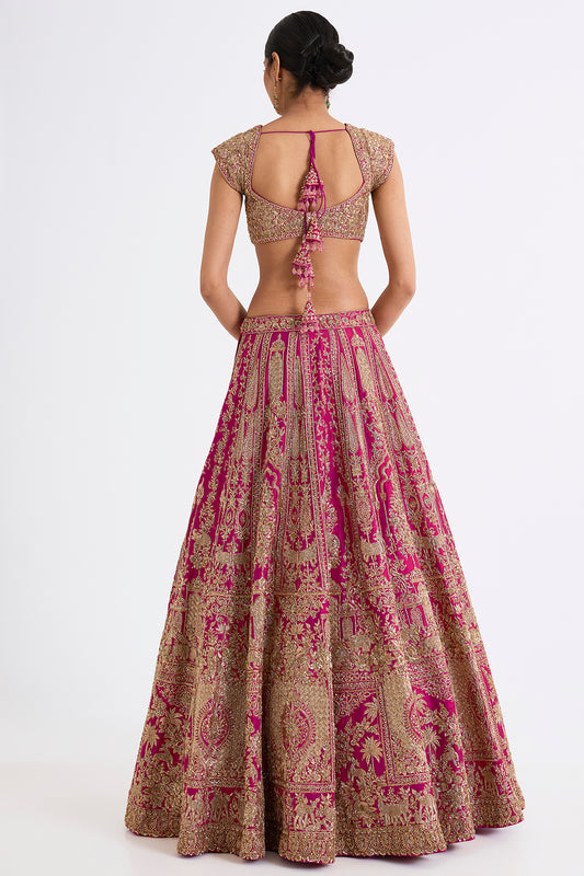 rani pink raw silk zari hand & machine embroidered lehenga set