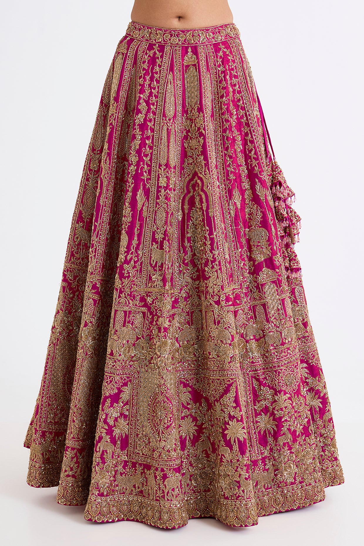 rani pink raw silk zari hand & machine embroidered lehenga set