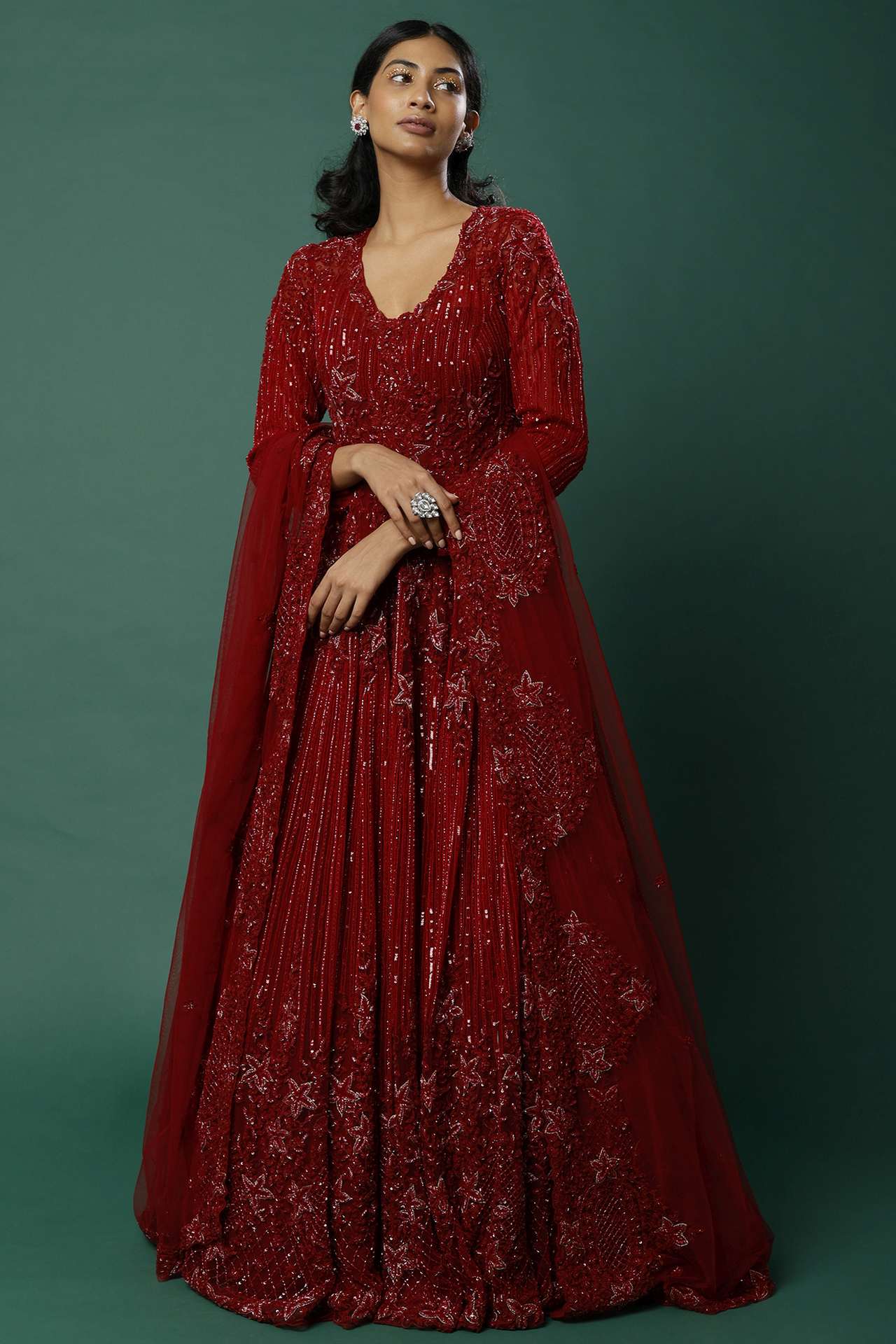 maroon embellished gown