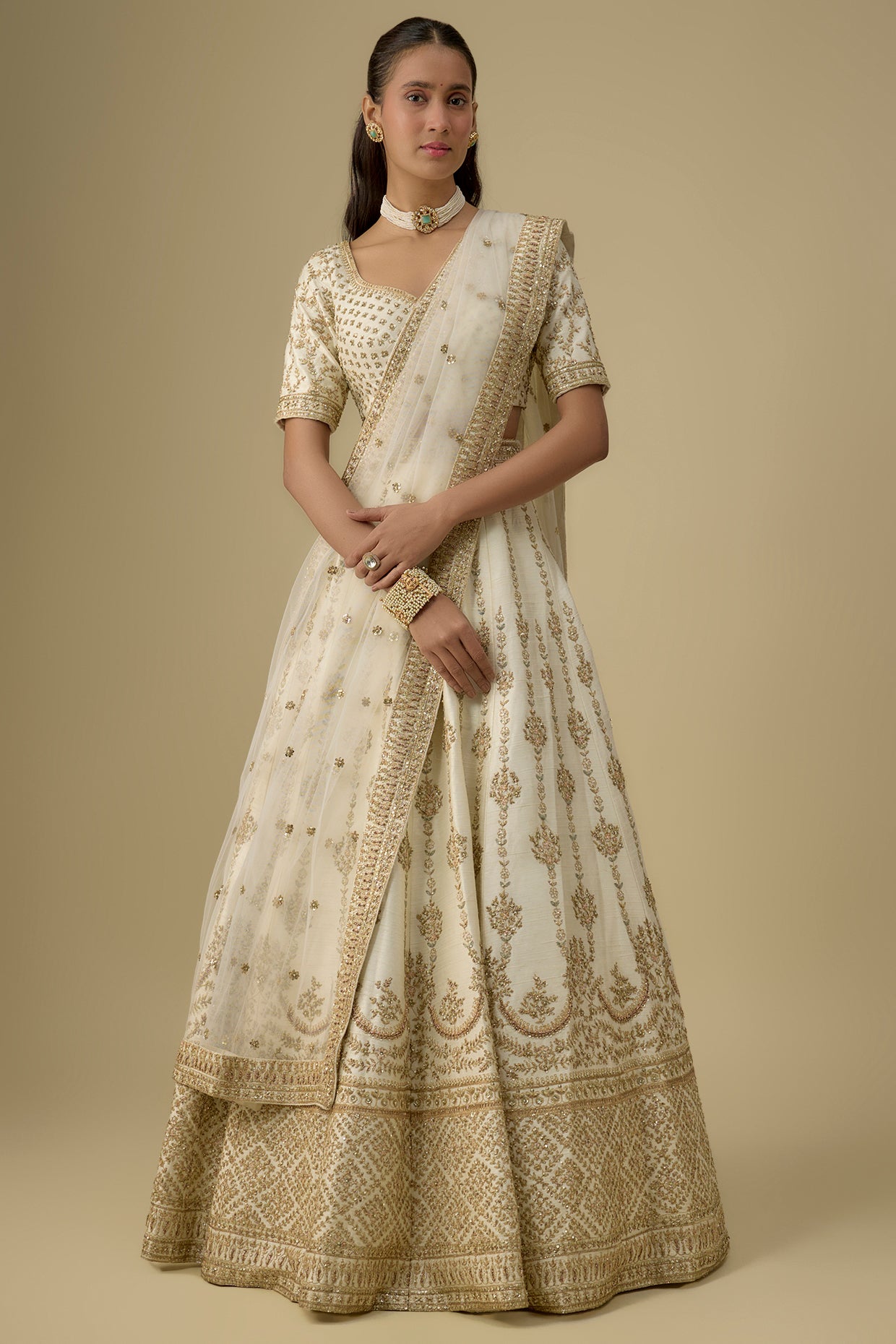 ivory raw silk hand & machine embroidered lehenga set