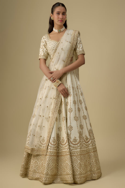ivory raw silk hand & machine embroidered lehenga set