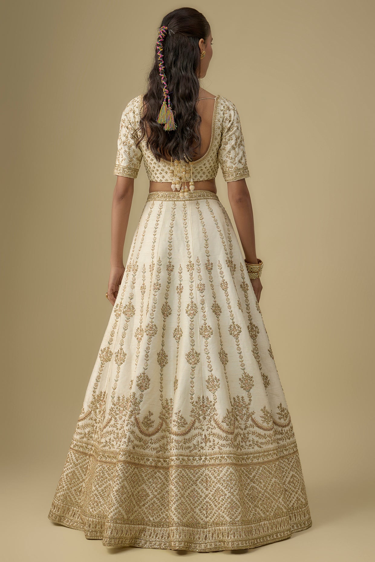 ivory raw silk hand & machine embroidered lehenga set