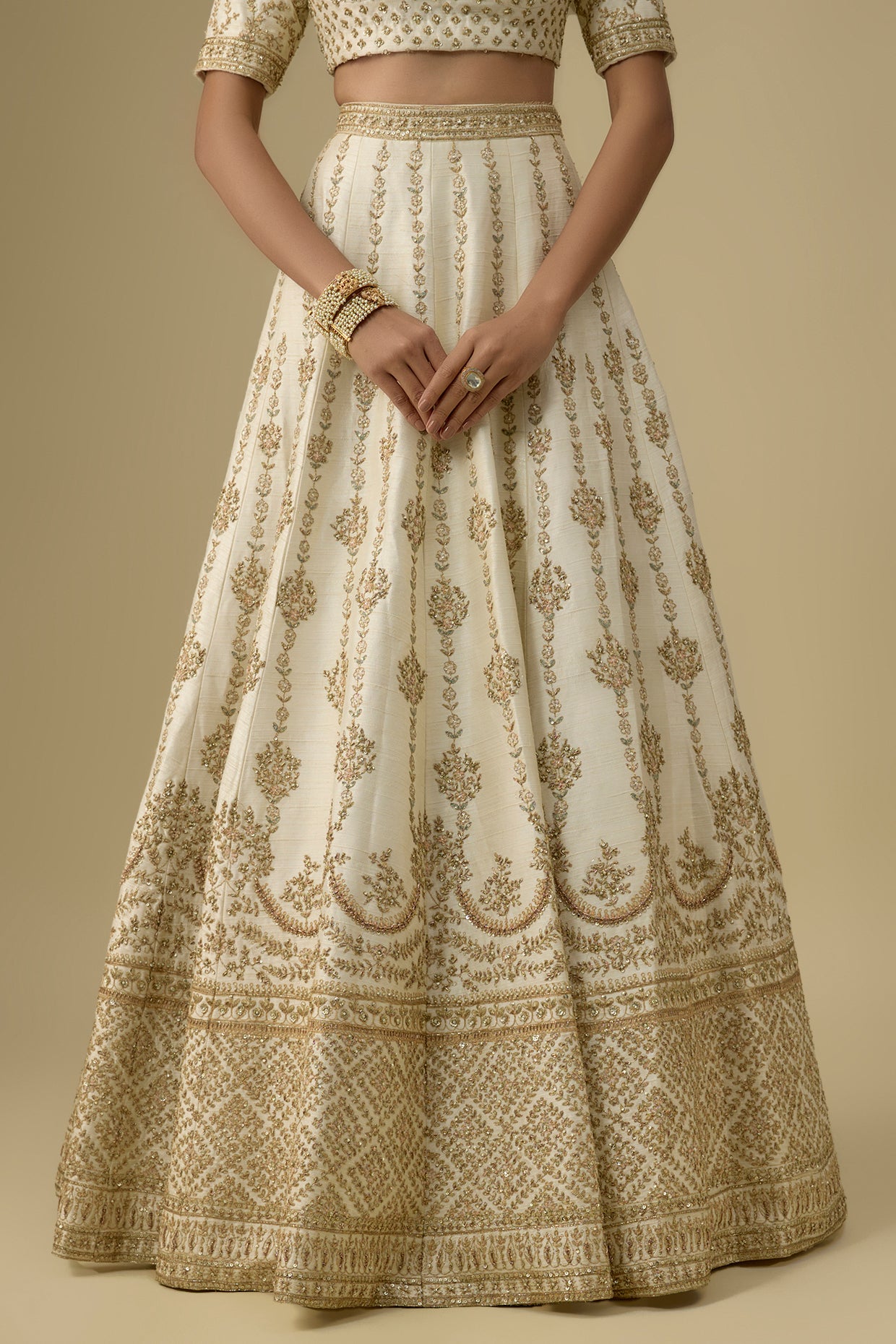 ivory raw silk hand & machine embroidered lehenga set