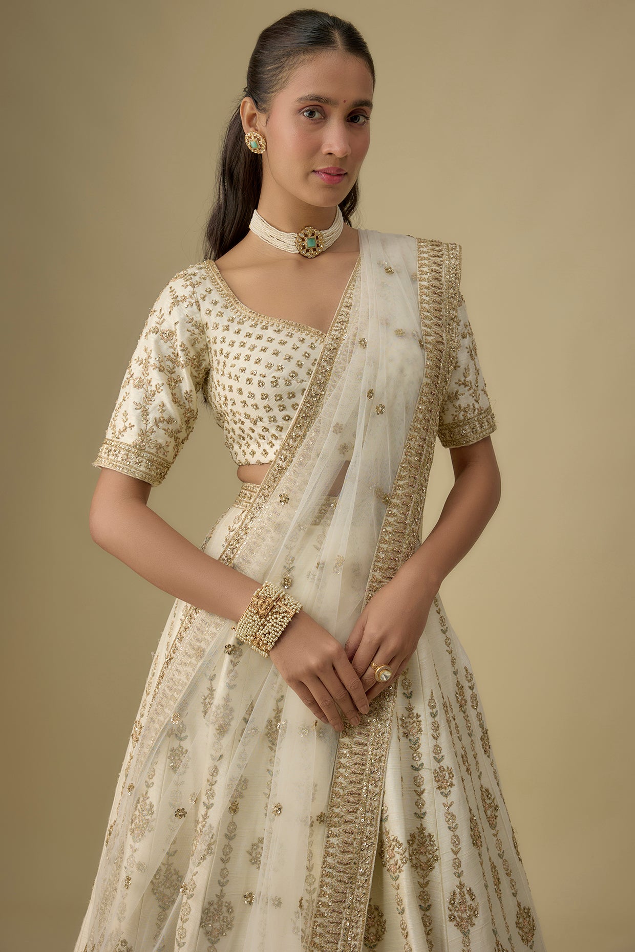 ivory raw silk hand & machine embroidered lehenga set