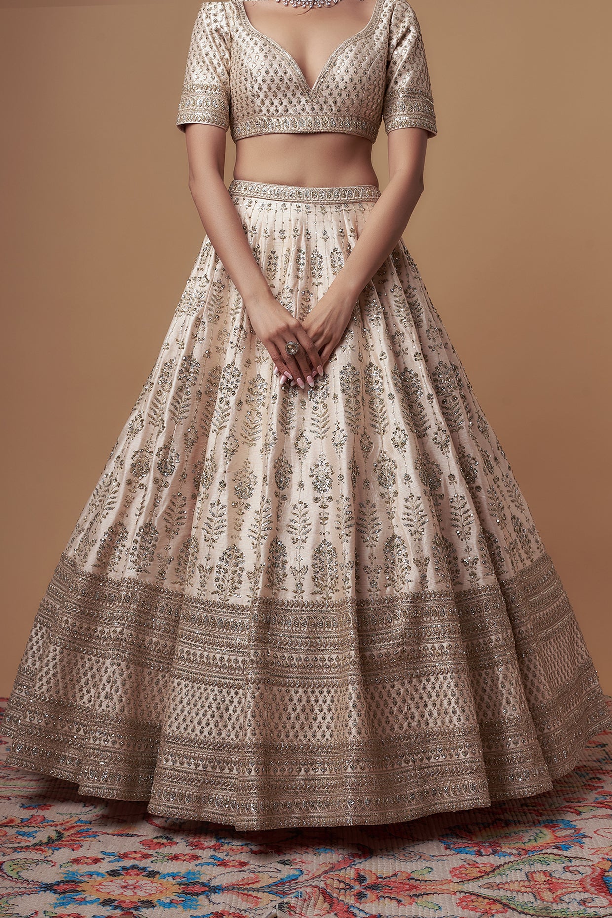 Light pink raw silk embroidered lehenga set