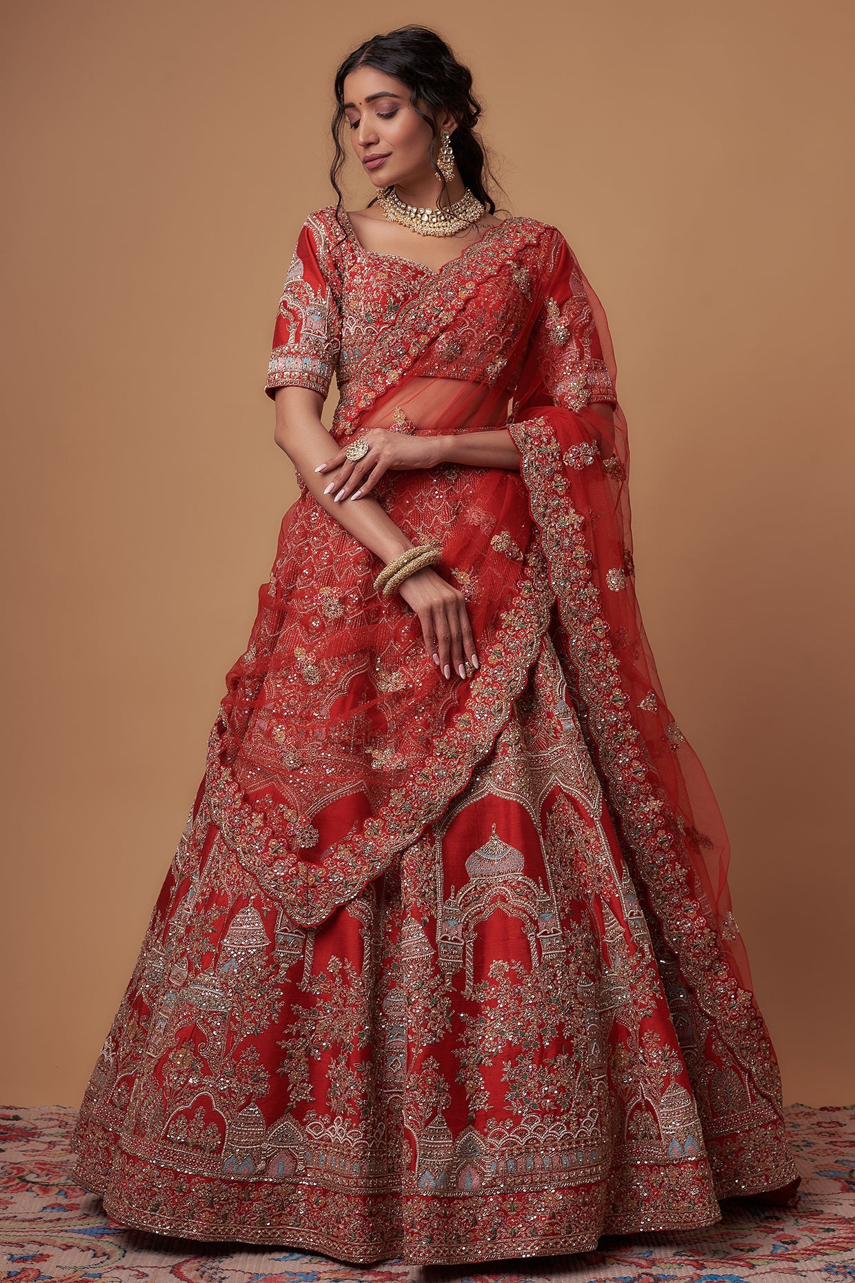 Red raw silk embroidered lehenga set