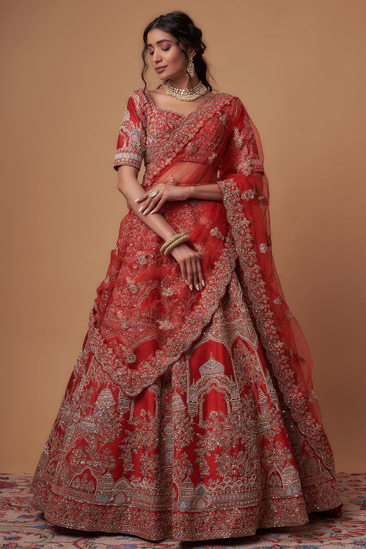 Red raw silk embroidered lehenga set