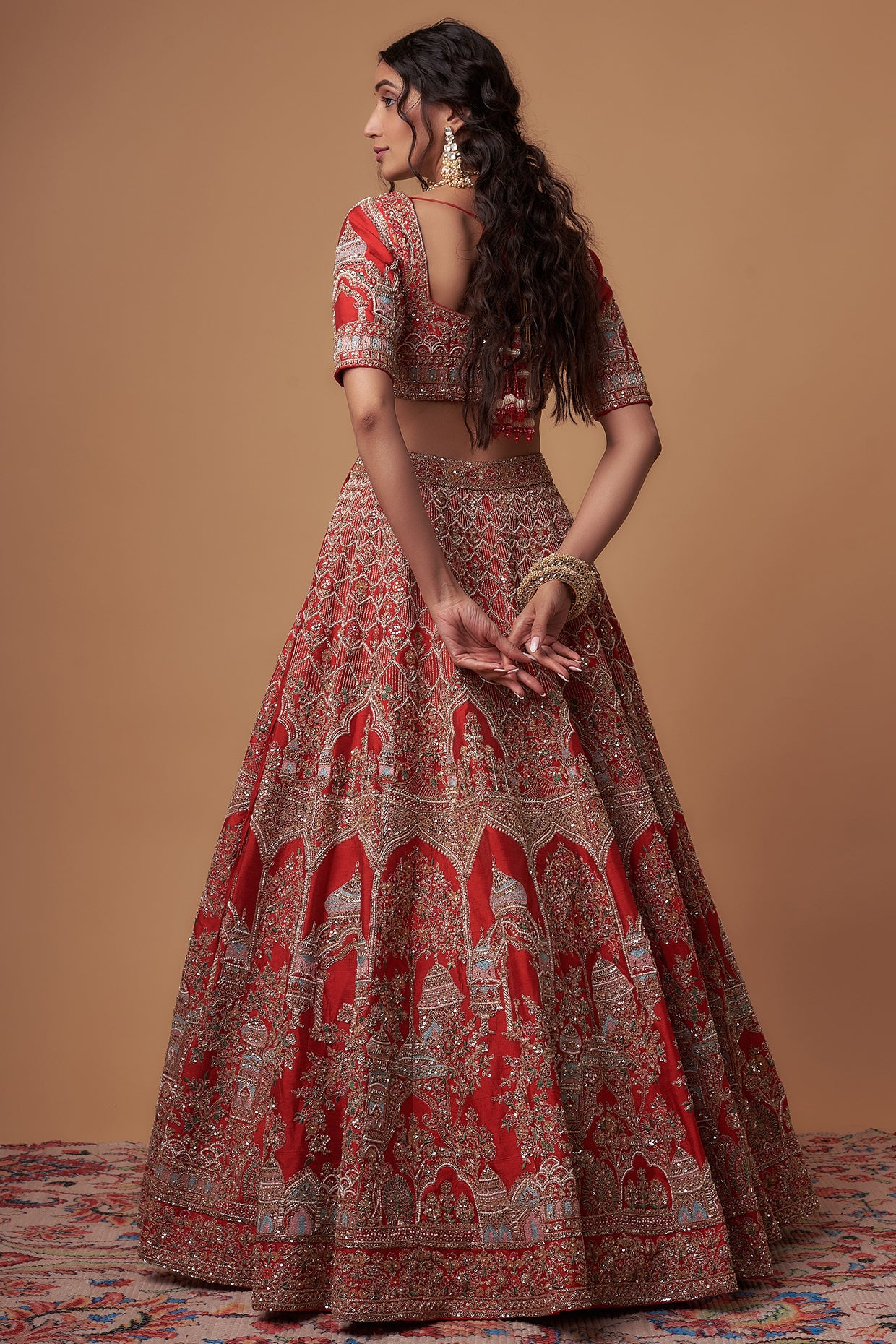 Red raw silk embroidered lehenga set
