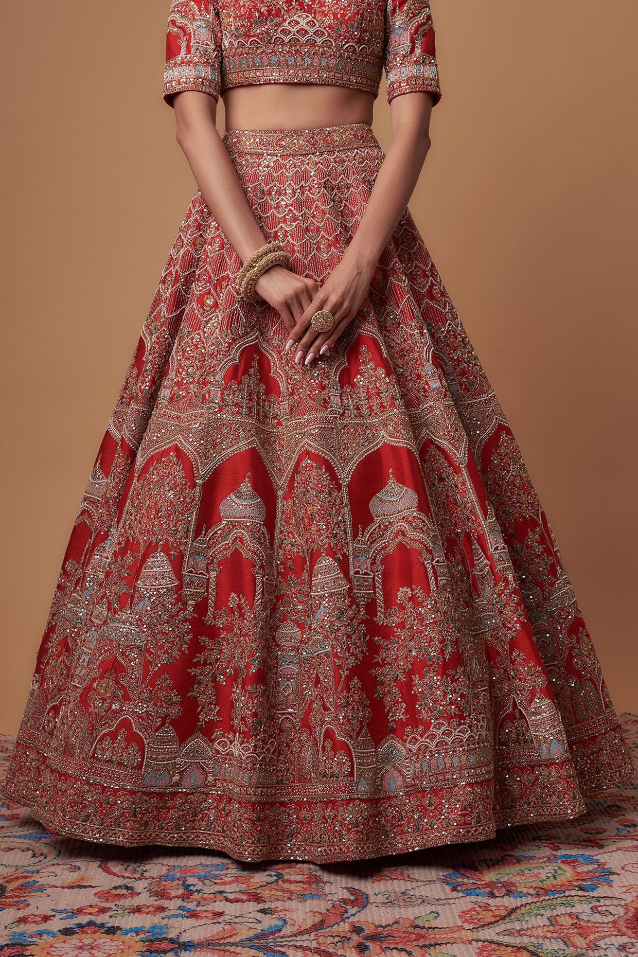 Red raw silk embroidered lehenga set
