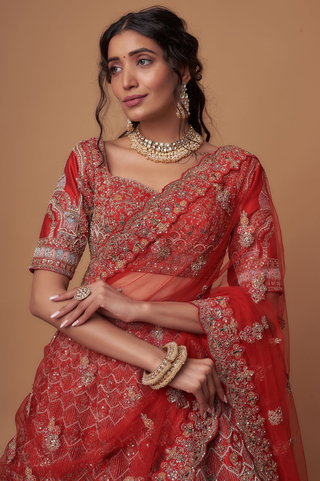 Red raw silk embroidered lehenga set