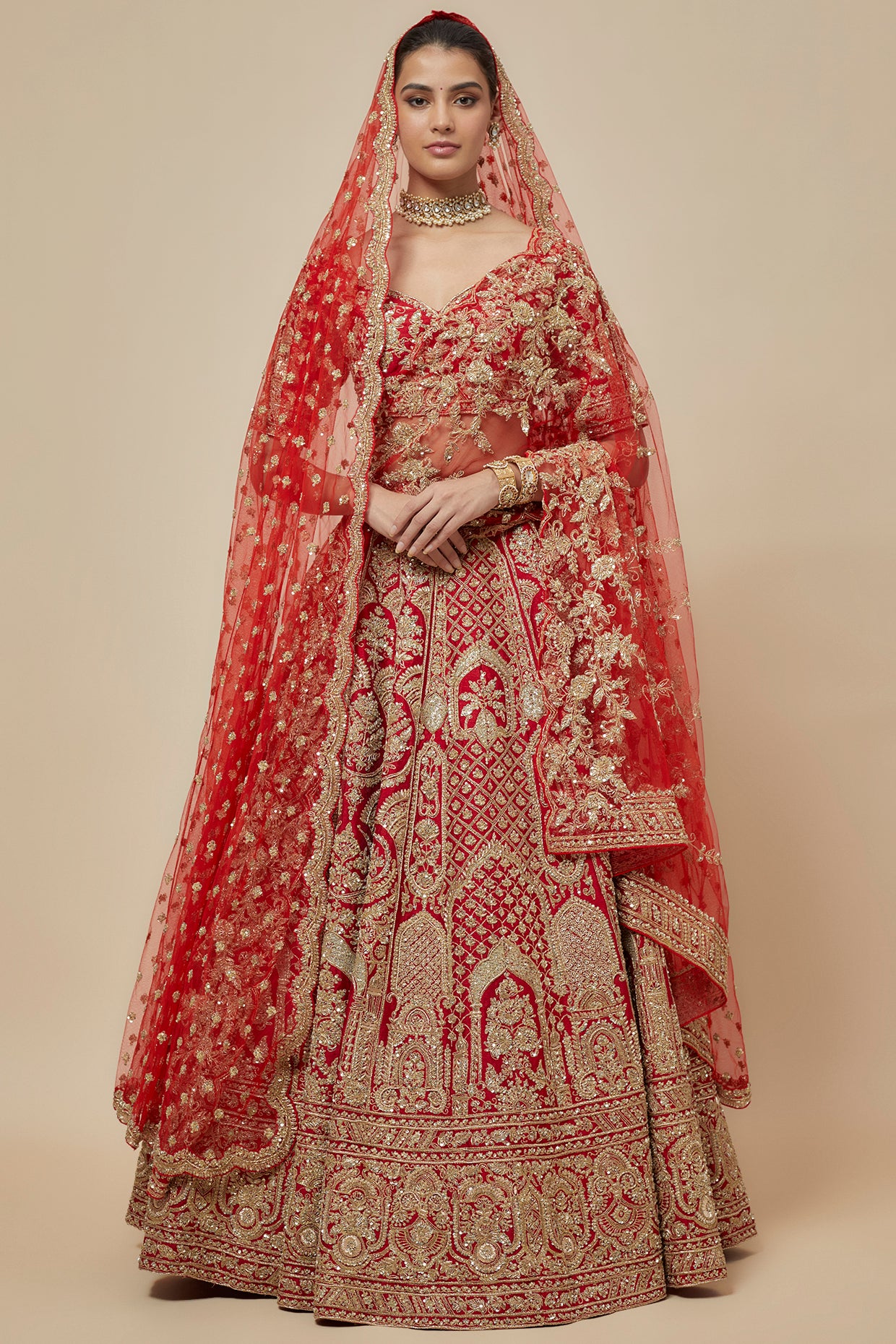 red raw silk zardosi hand embroidered lehenga set