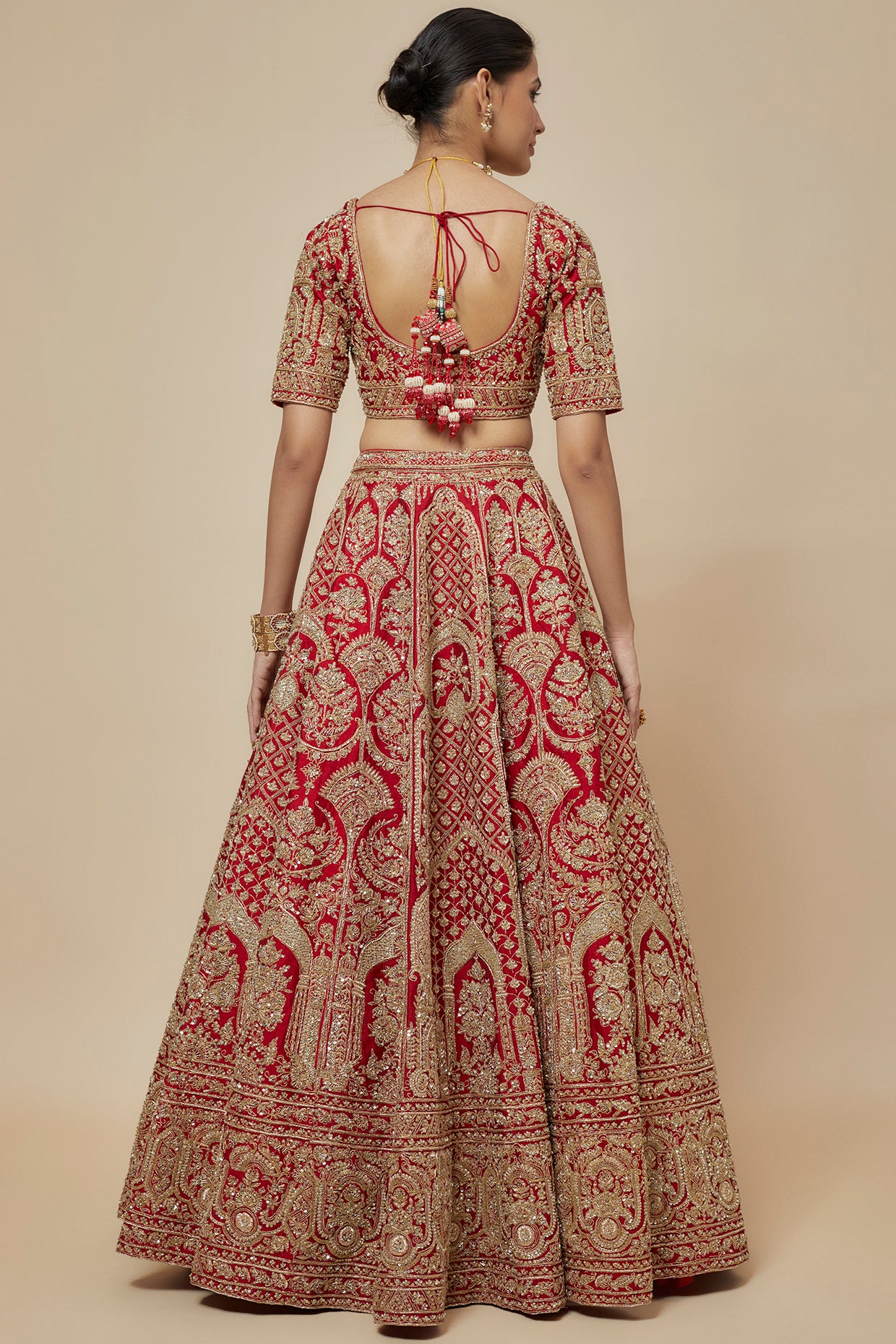 red raw silk zardosi hand embroidered lehenga set