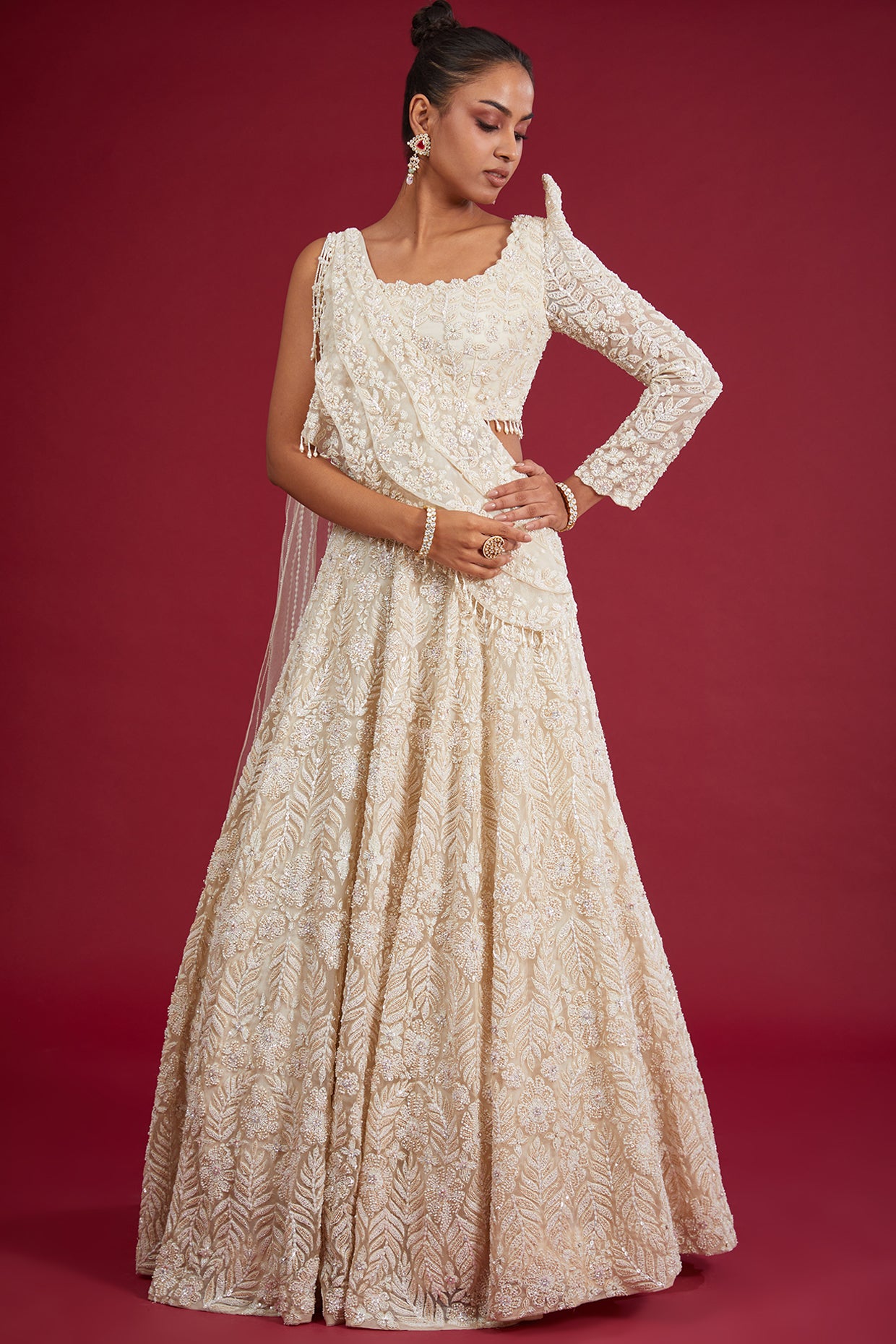 ivory organza zardosi embroidered lehenga set