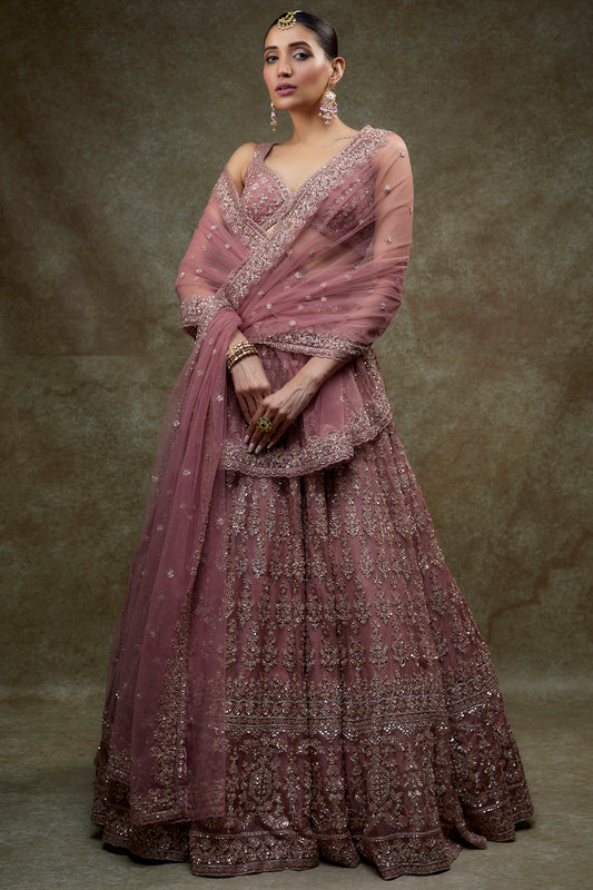 Dusty mauve organza embroidered lehenga set