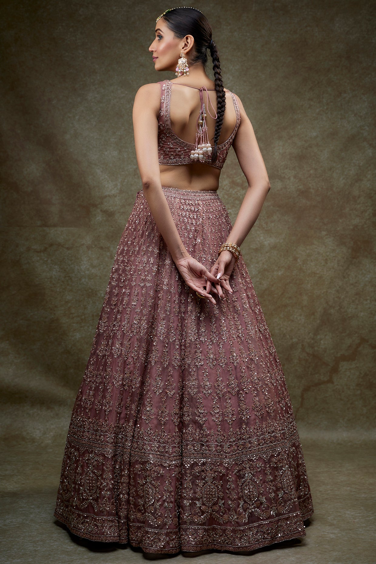 Dusty mauve organza embroidered lehenga set