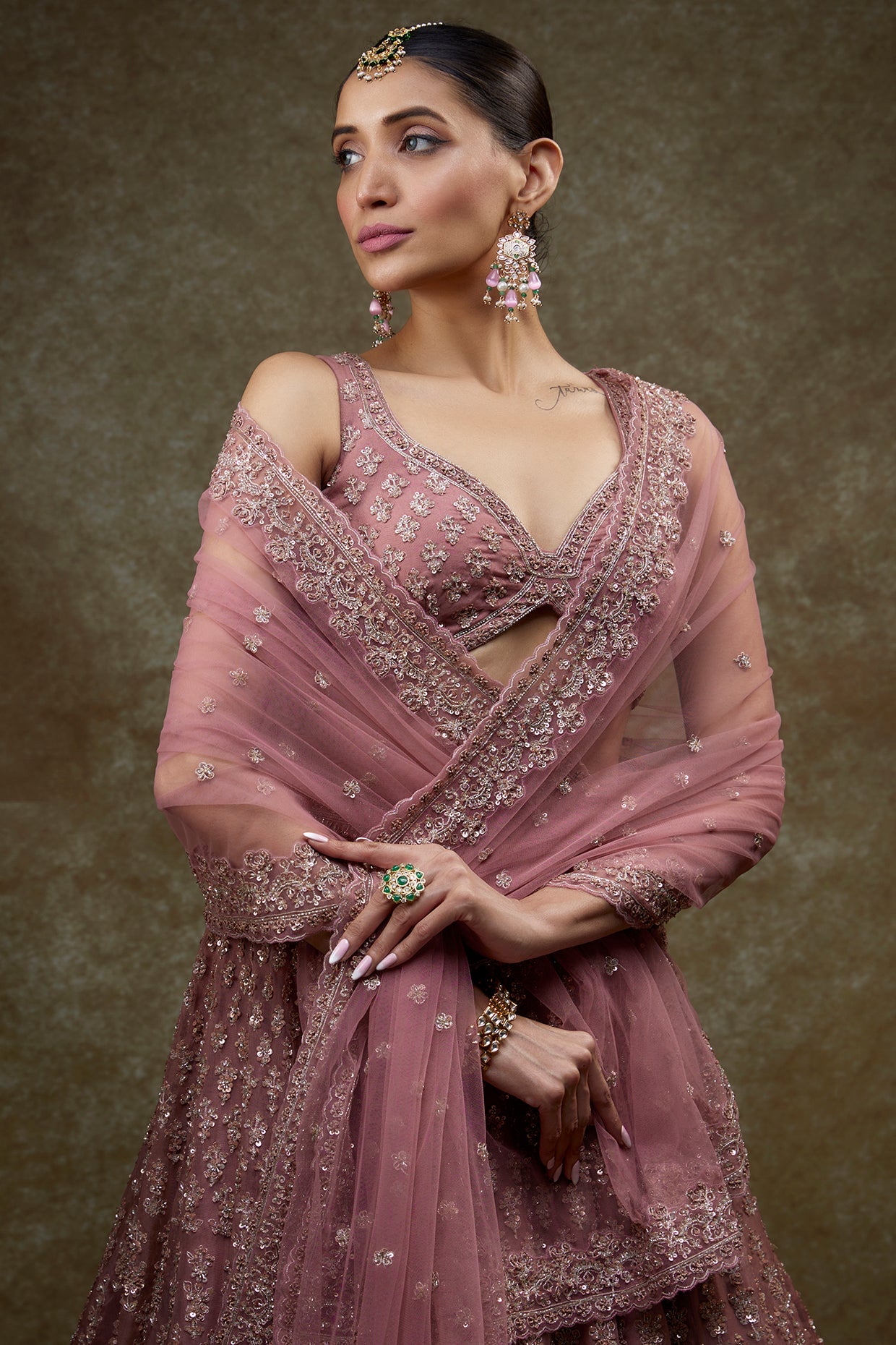 Dusty mauve organza embroidered lehenga set