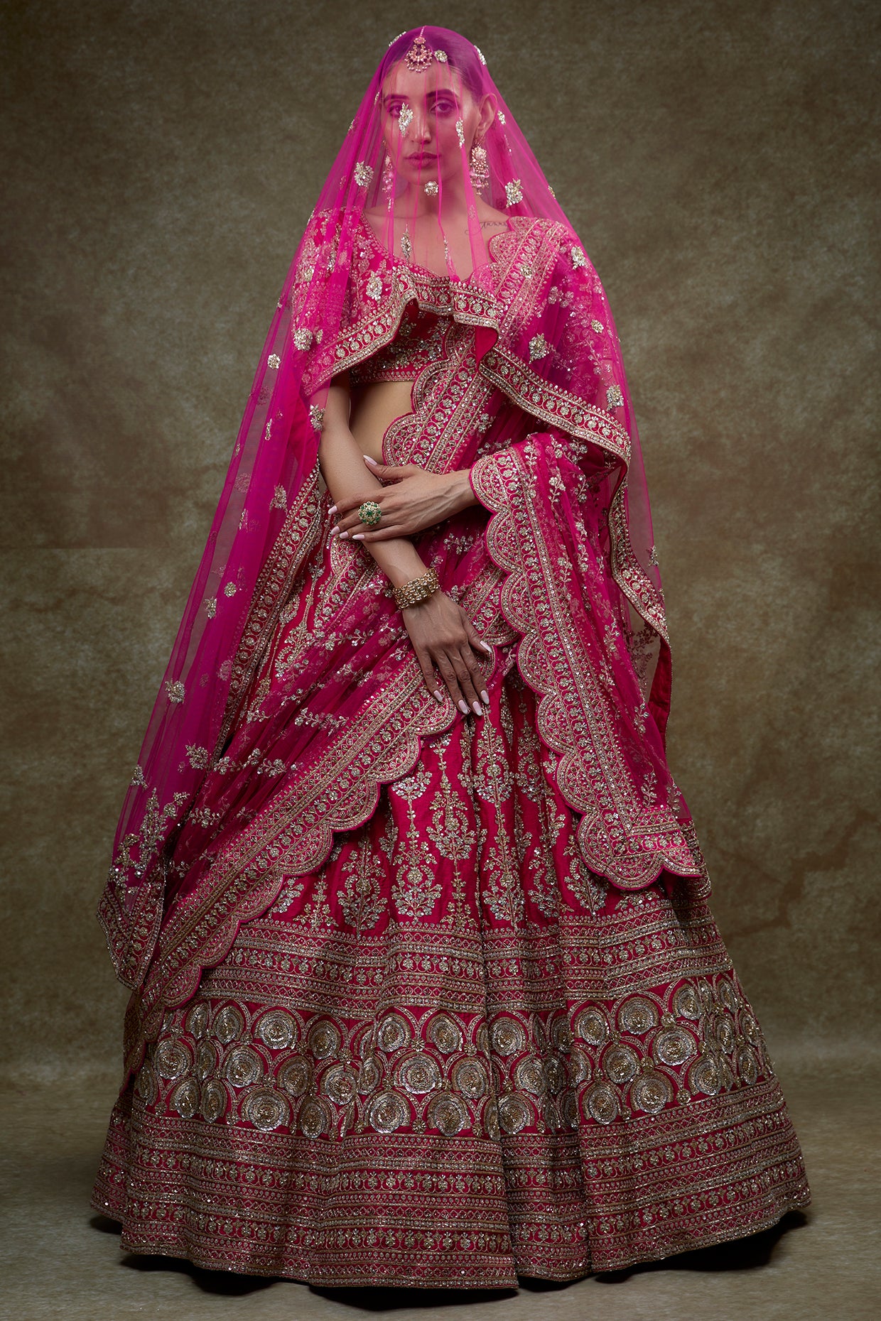 Rani pink raw silk embroidered lehenga set