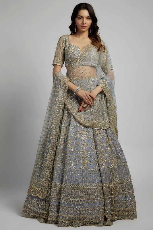 firozi raw silk sequins & cutdana embellished lehenga set