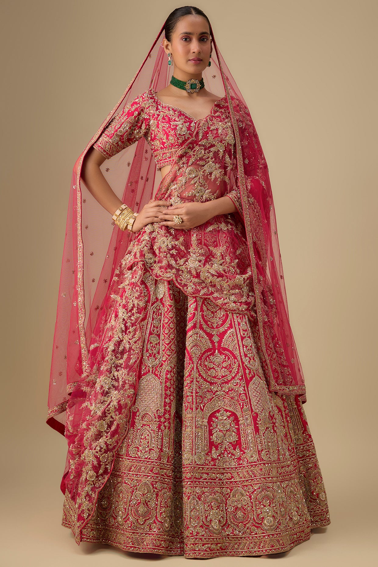 rani pink raw silk hand & machine embroidered lehenga set