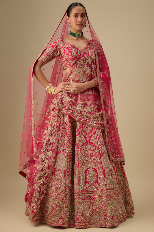 rani pink raw silk hand & machine embroidered lehenga set