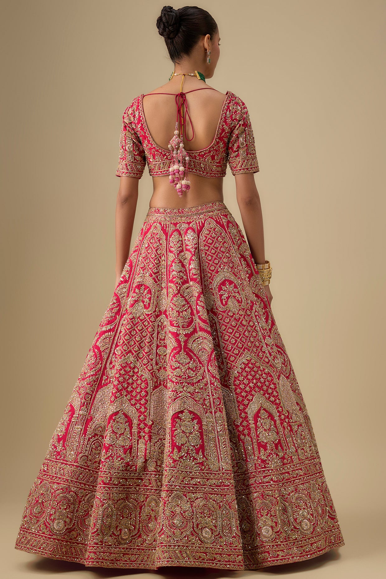rani pink raw silk hand & machine embroidered lehenga set