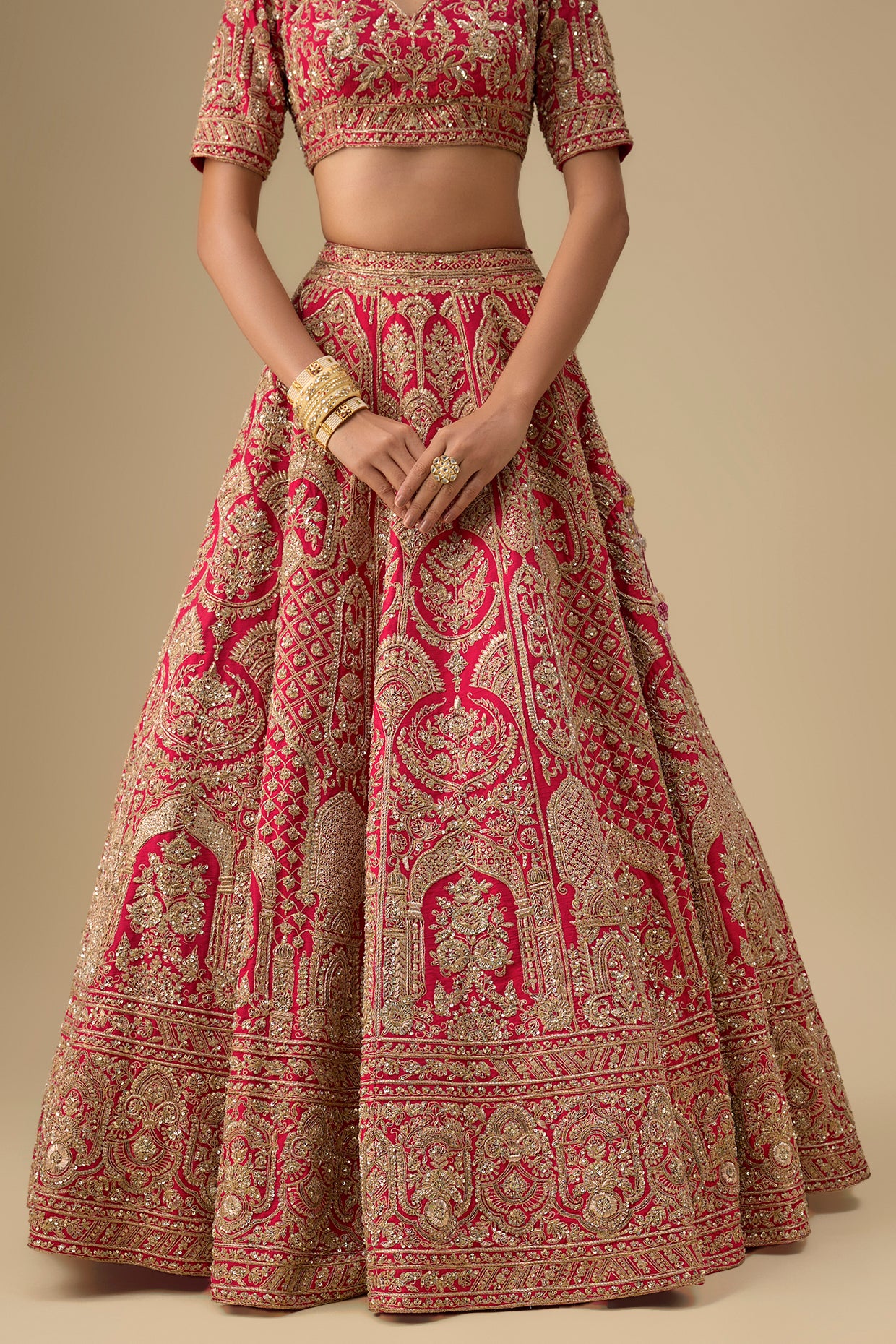 rani pink raw silk hand & machine embroidered lehenga set