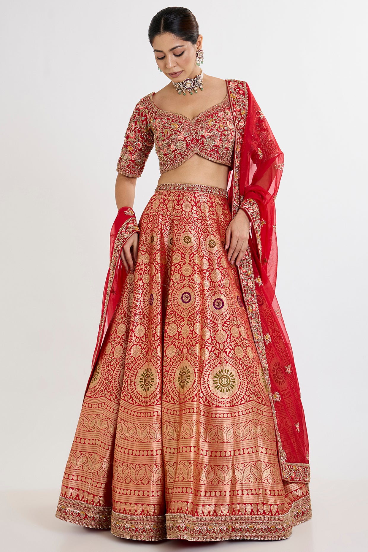 red banarasi silk zardosi embroidered lehenga set