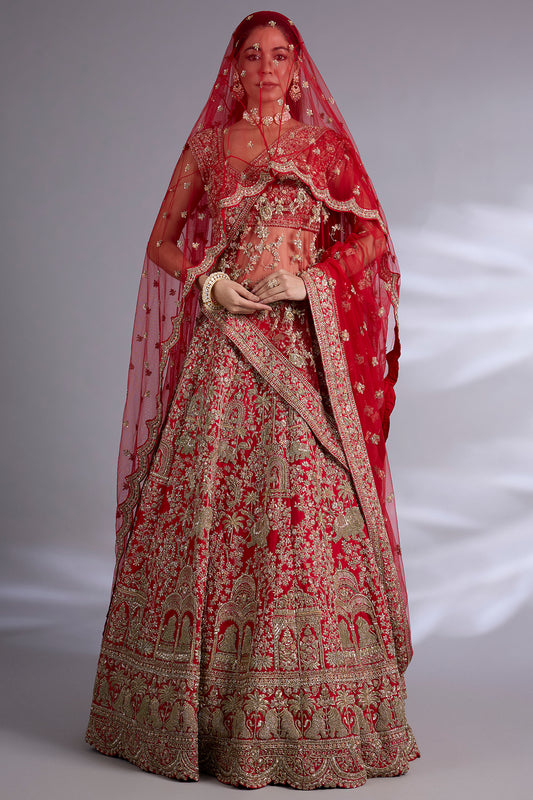 red raw silk lehenga set