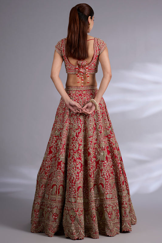 red raw silk lehenga set