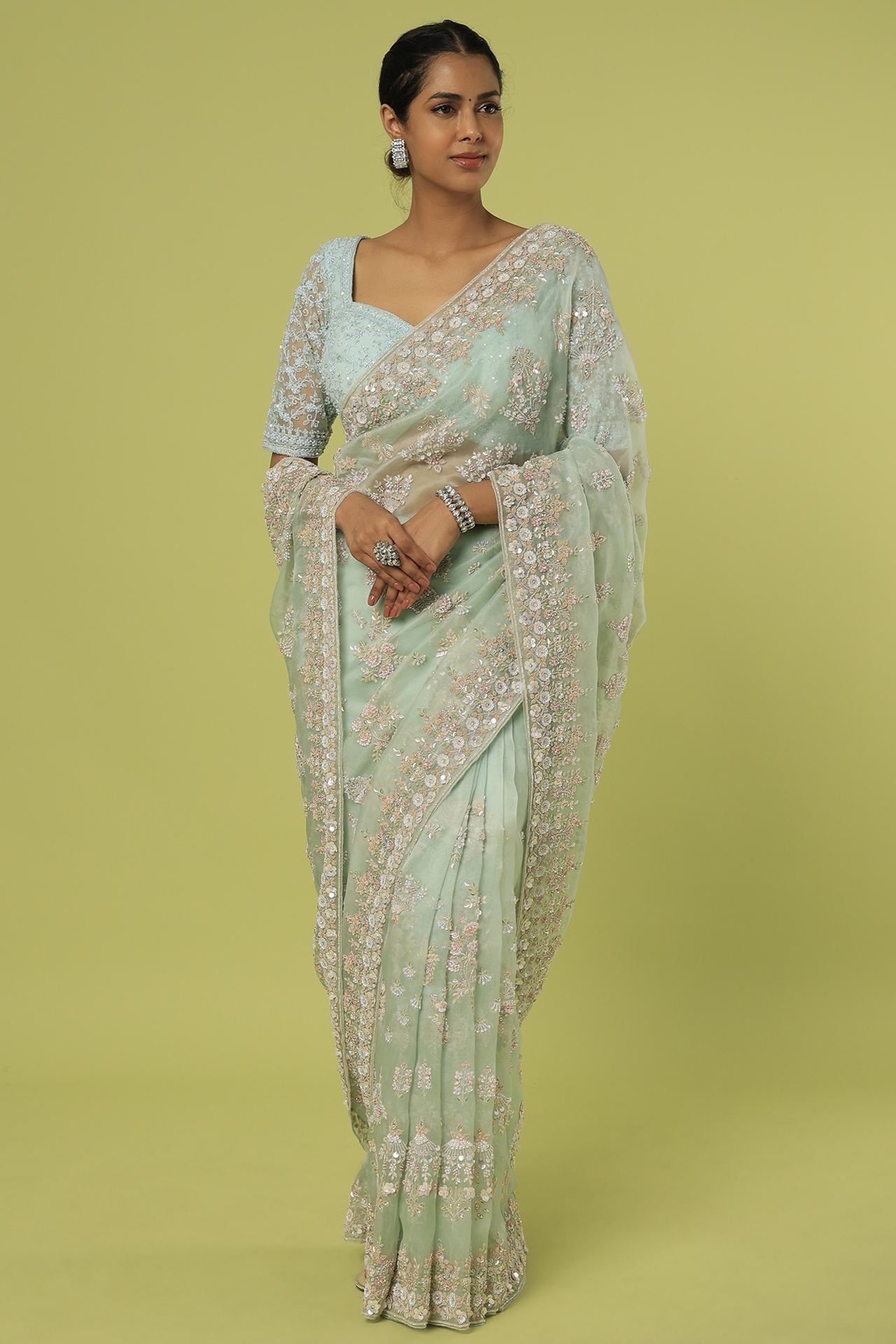 mint organza embellished saree set