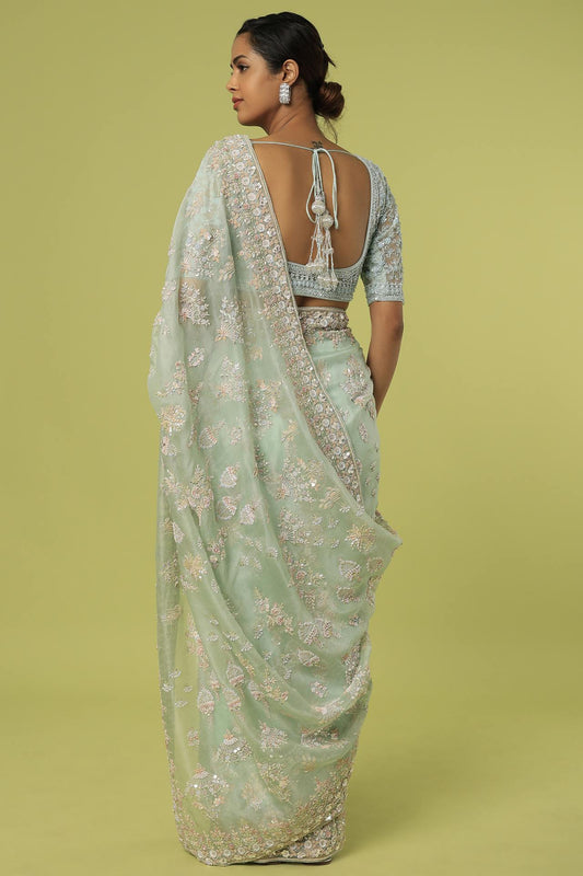 mint organza embellished saree set