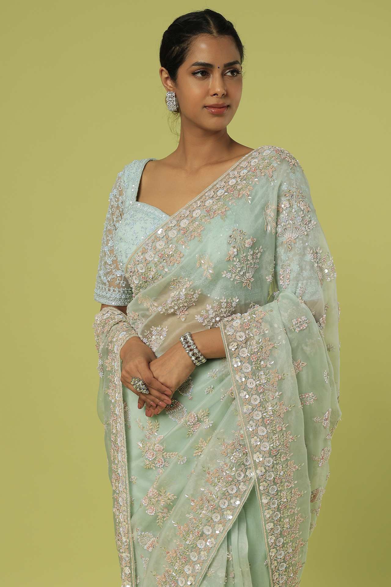 mint organza embellished saree set