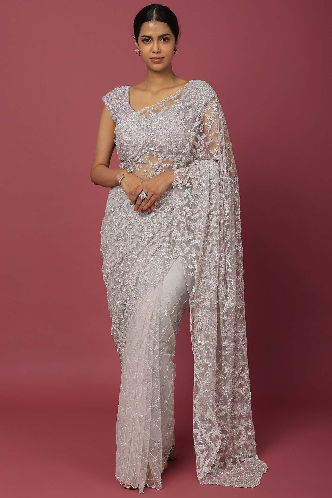 mauve organza sequins embellished saree set