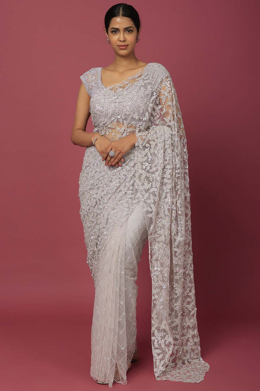 mauve organza sequins embellished saree set