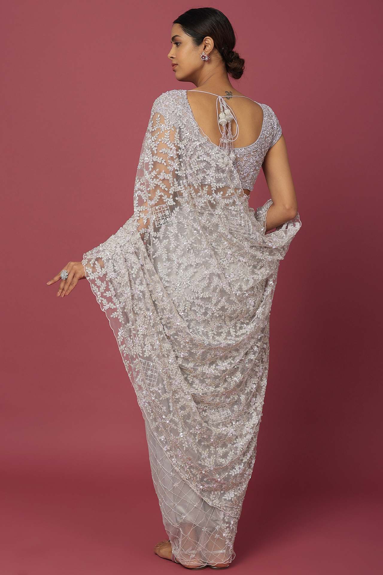 mauve organza sequins embellished saree set