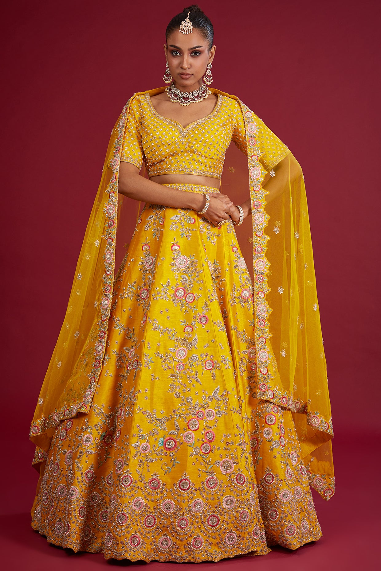 Mustard raw silk zardosi embroidered lehenga set