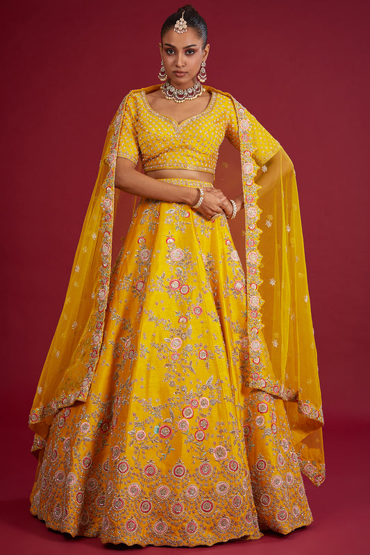 Mustard raw silk zardosi embroidered lehenga set