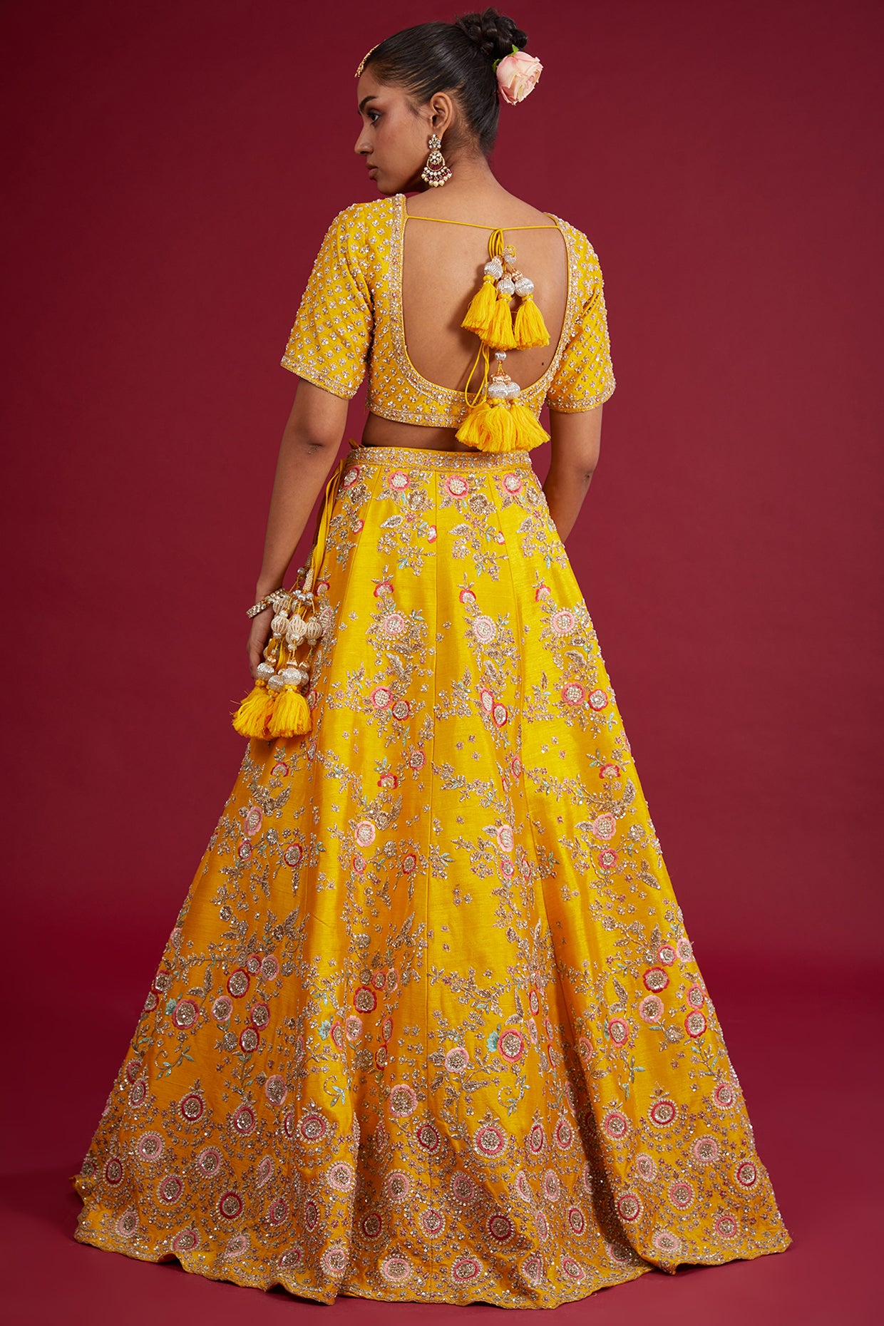 Mustard raw silk zardosi embroidered lehenga set