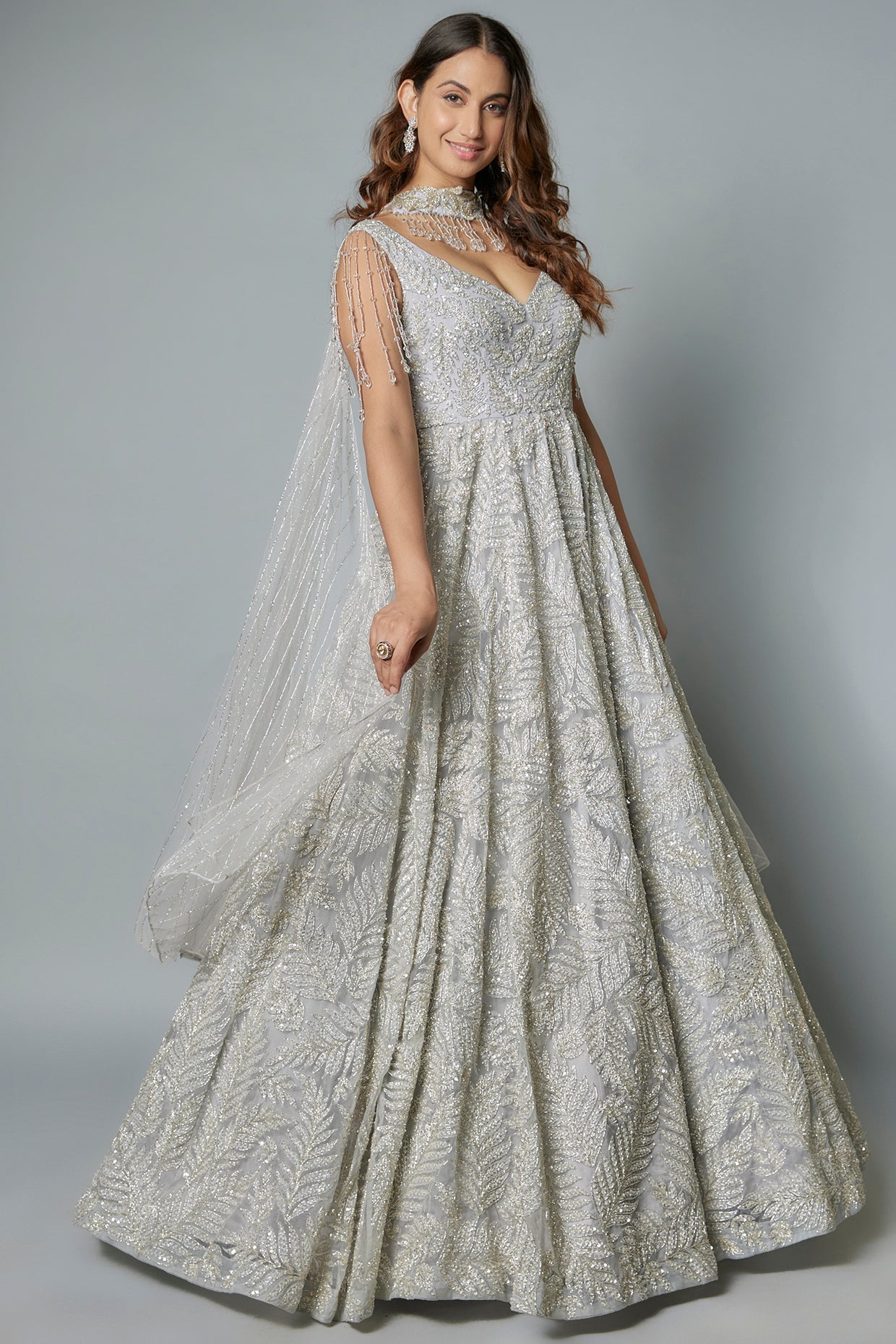 Grey organza sequins embroidered gown with draped dupatta