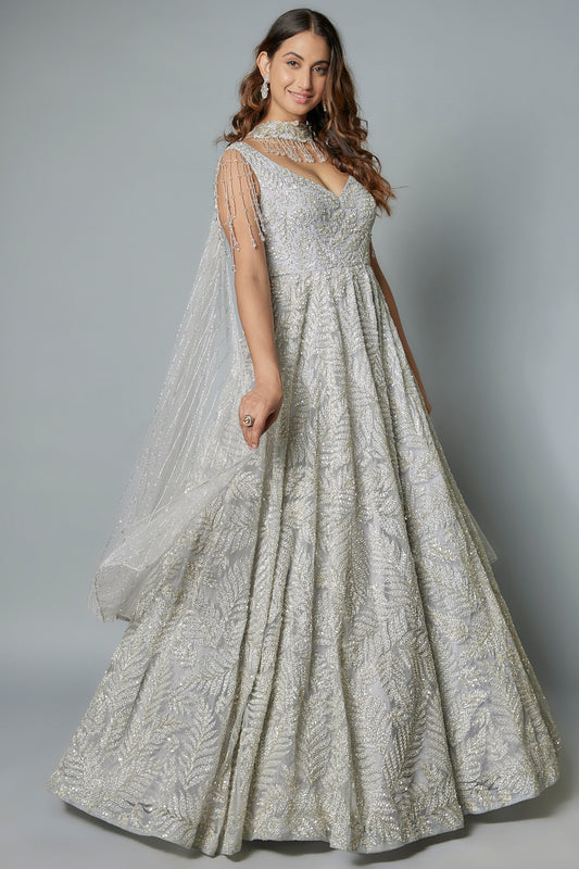 Grey organza sequins embroidered gown with draped dupatta