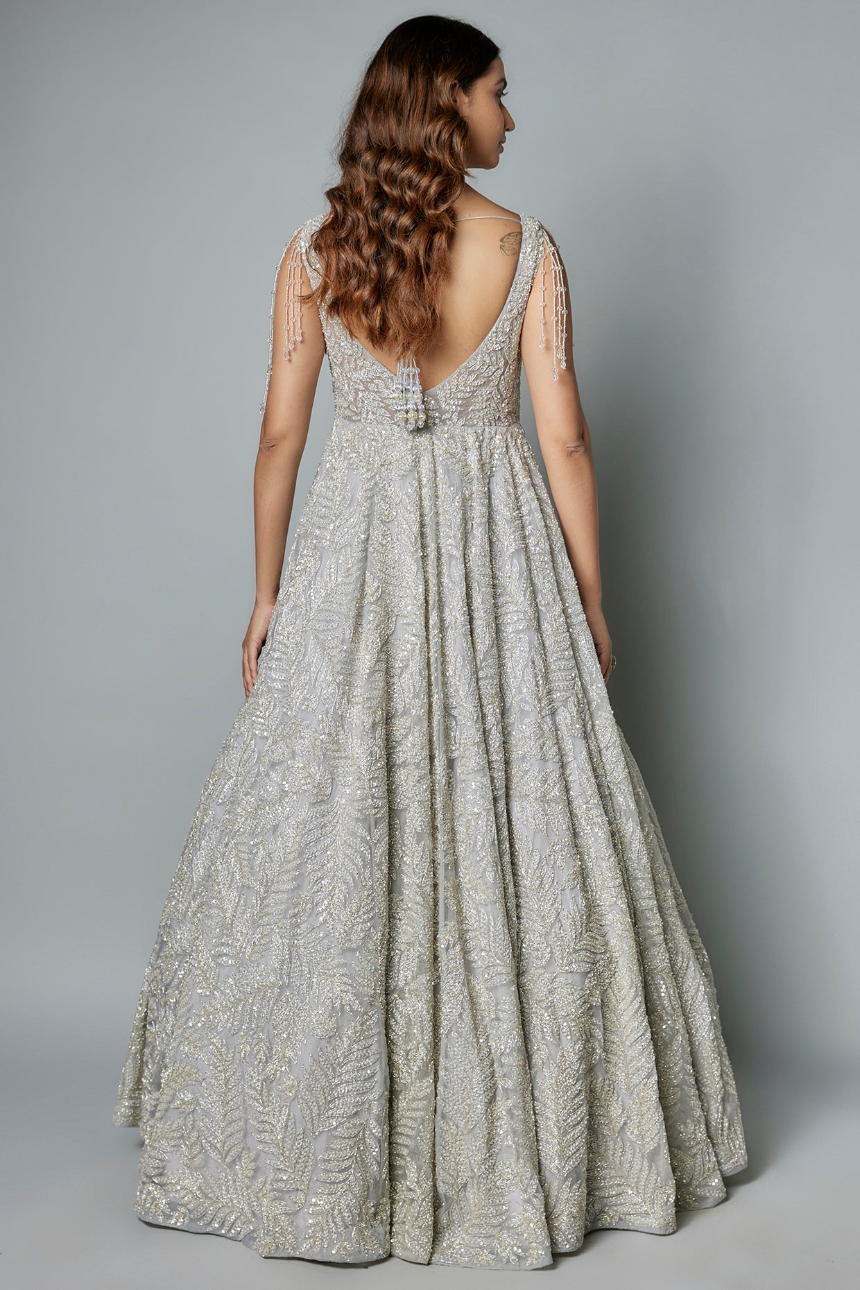 Grey organza sequins embroidered gown with draped dupatta