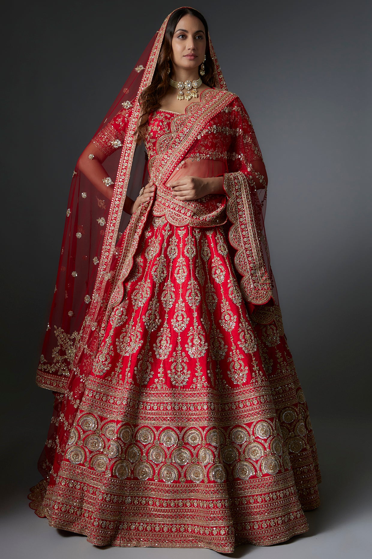Red raw silk machine & hand embroidered lehenga set
