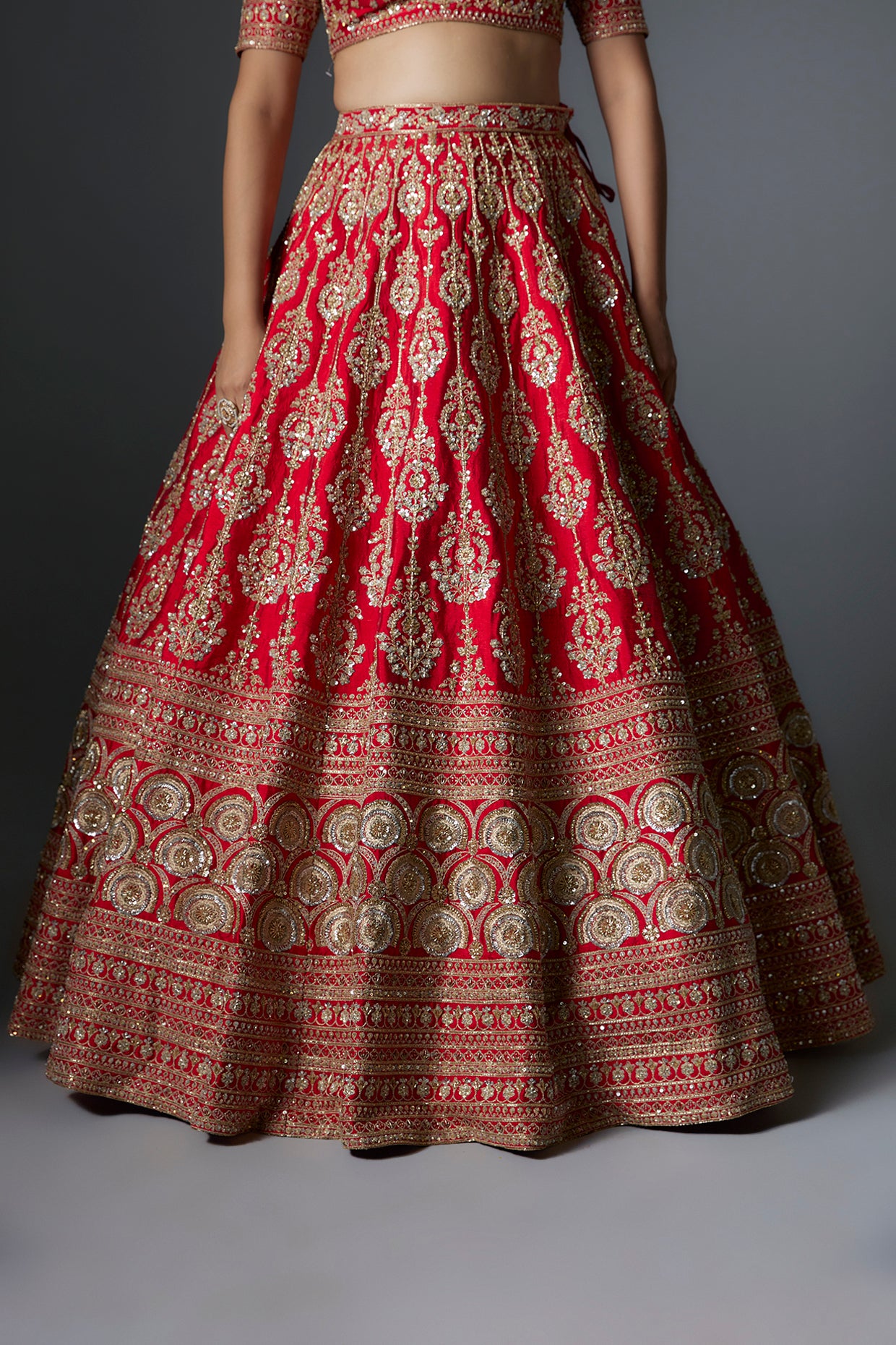 Red raw silk machine & hand embroidered lehenga set