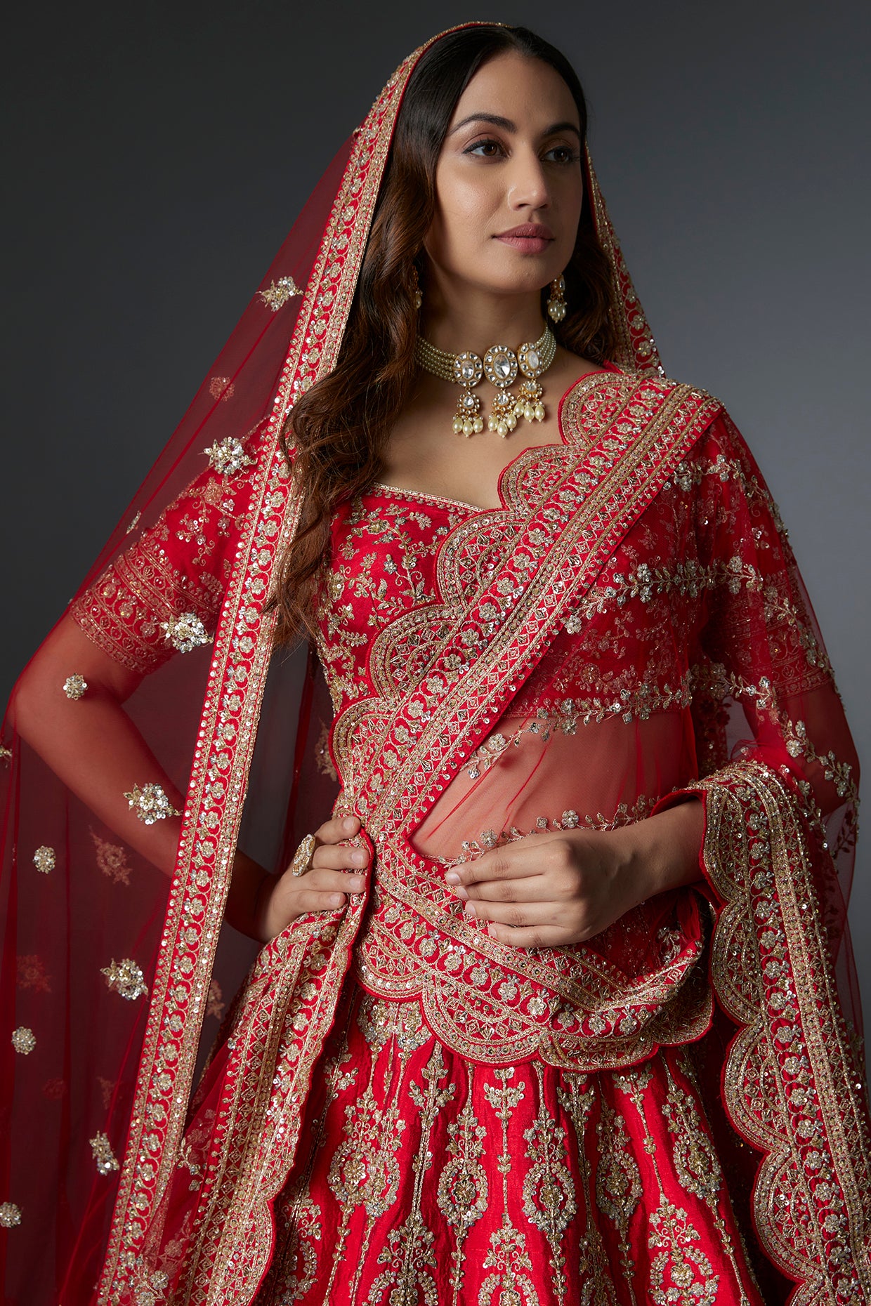 Red raw silk machine & hand embroidered lehenga set