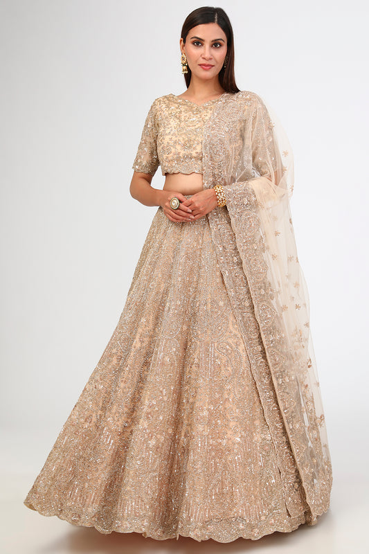 Peach Organza Cutdana Hand & Machine Embroidered Lehenga Set