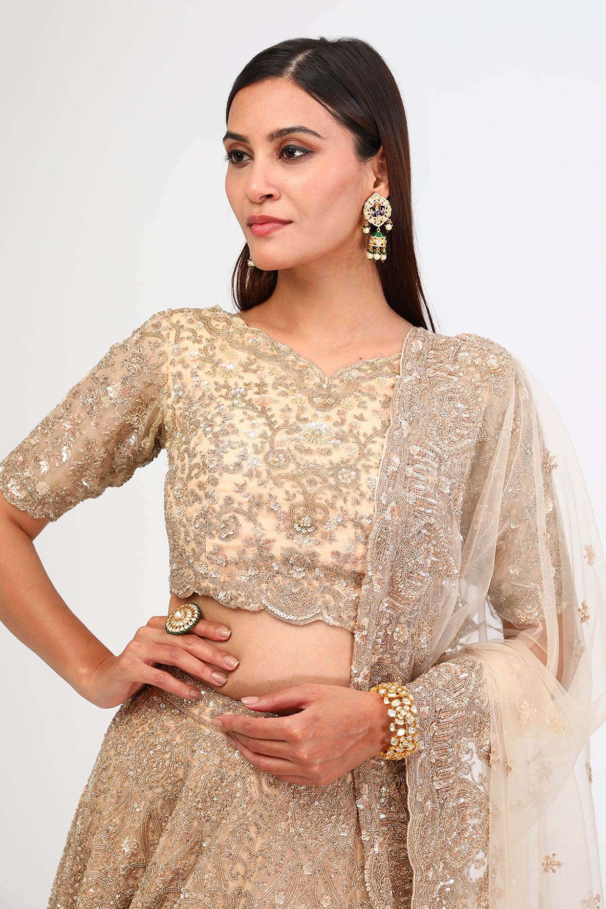 Peach Organza Cutdana Hand & Machine Embroidered Lehenga Set